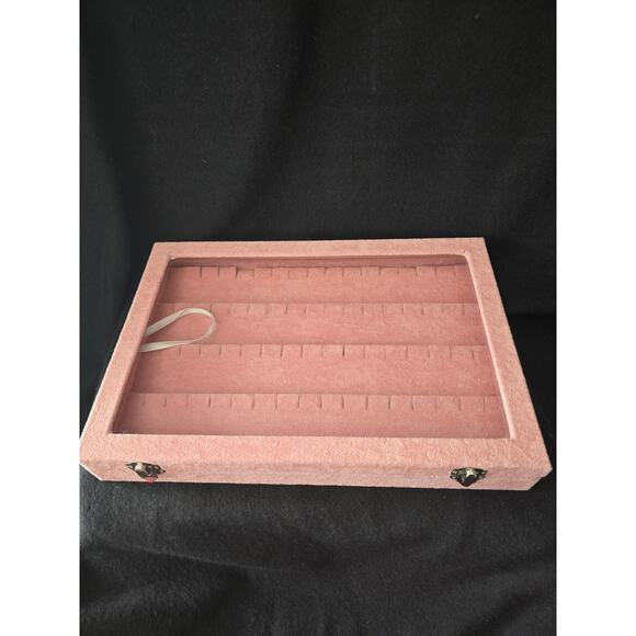 Pink Velvet Jewelry Storage Box W/ Glass Cover 10 X 14 - Picture 1 of 8
